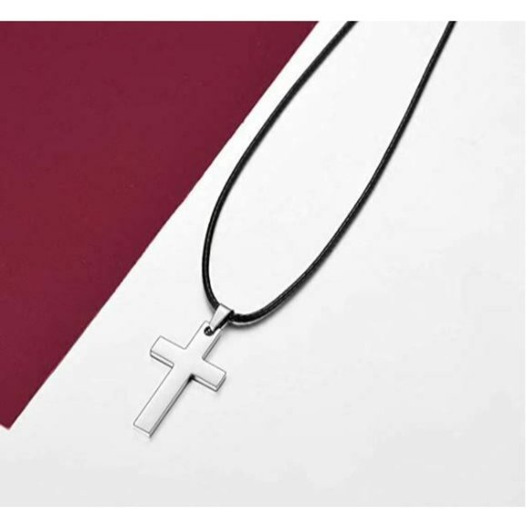Stainless Steel Silver Cross Pendant Necklace Black Wax Leather C… - Picture 2 of 6